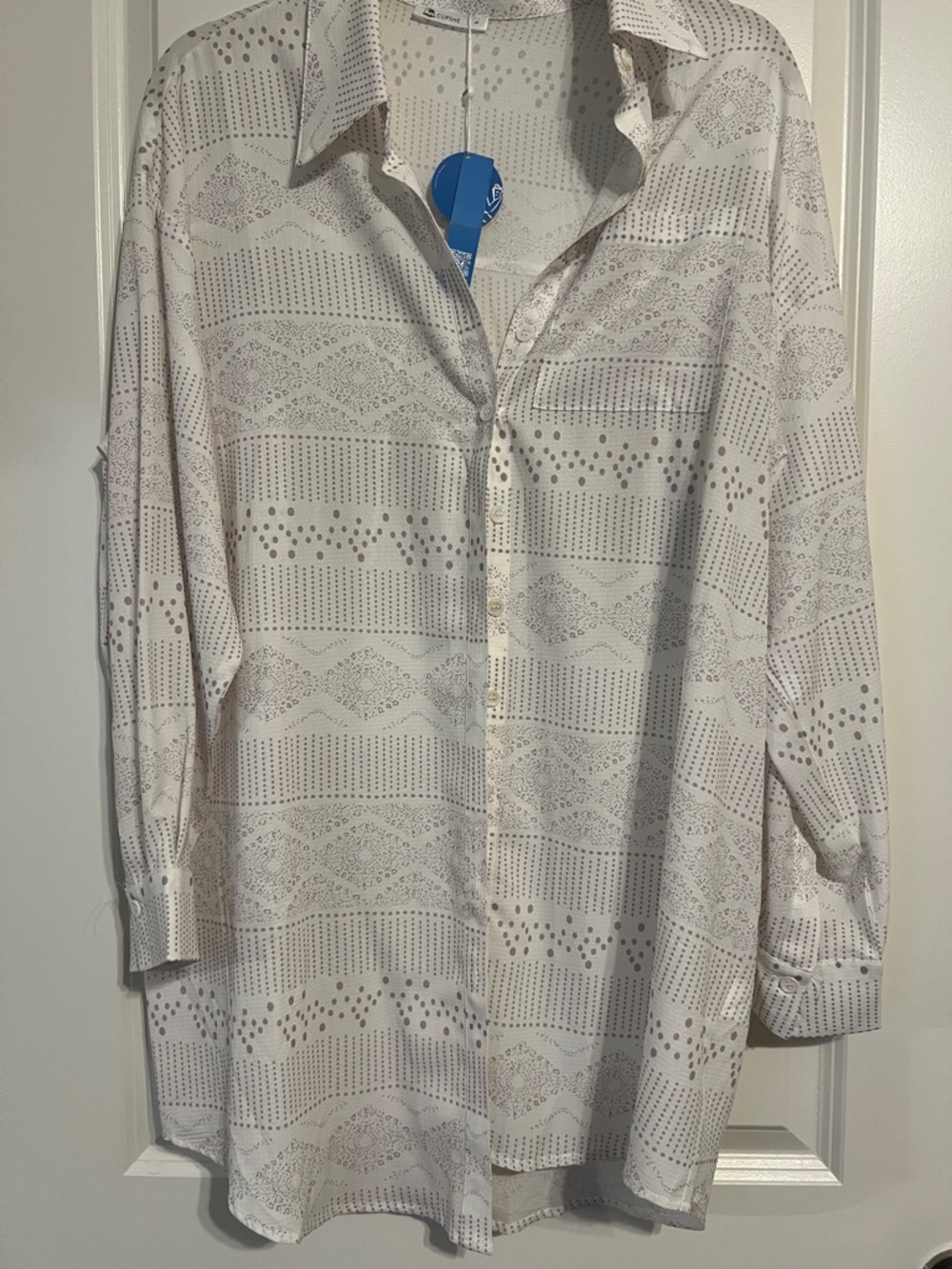 Cupshe White and Light Toupe Patterned Button-Front Swim Coverup Shirt